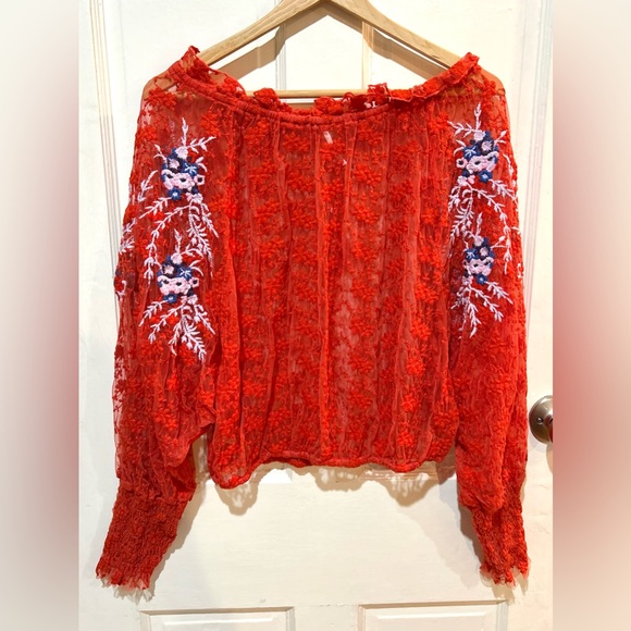 Free People Embroidered Orange Lace Blouse Sheer Boho Floral Hippie Festival - Picture 10 of 15